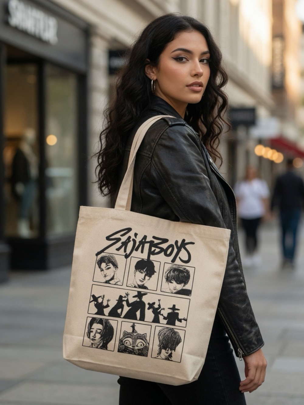 Licensed Saja Boys Canvas Graphic Tote Bag in Natural with Black Print